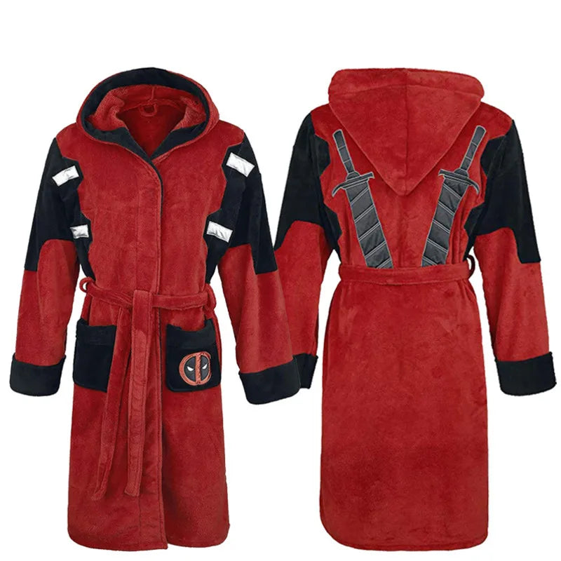 Vestaglia in pile di Deadpool - Accappatoio con cappuccio per cosplay e spade katana