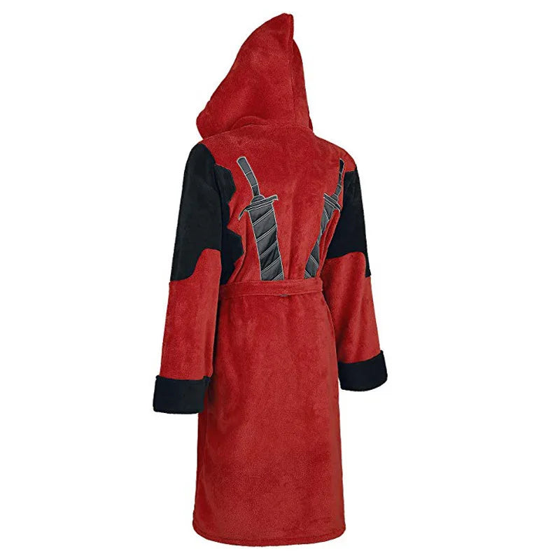 Vestaglia in pile di Deadpool - Accappatoio con cappuccio per cosplay e spade katana
