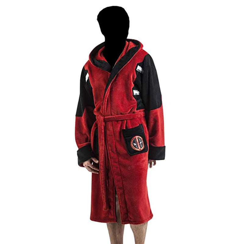 Vestaglia in pile di Deadpool - Accappatoio con cappuccio per cosplay e spade katana