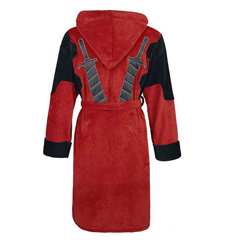 Vestaglia in pile di Deadpool - Accappatoio con cappuccio per cosplay e spade katana