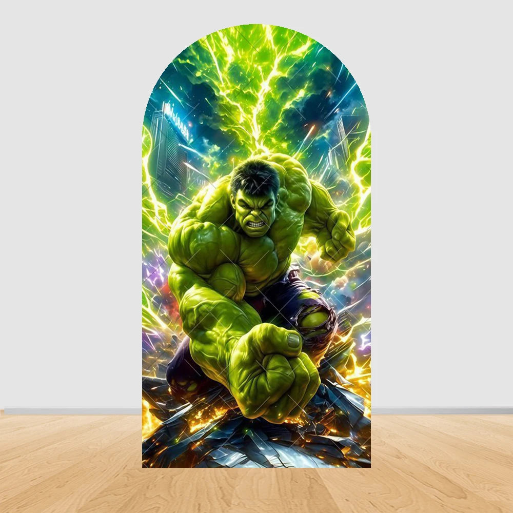 Fondale per arco da festa Avengers Hulk - Fulmini verdi e città