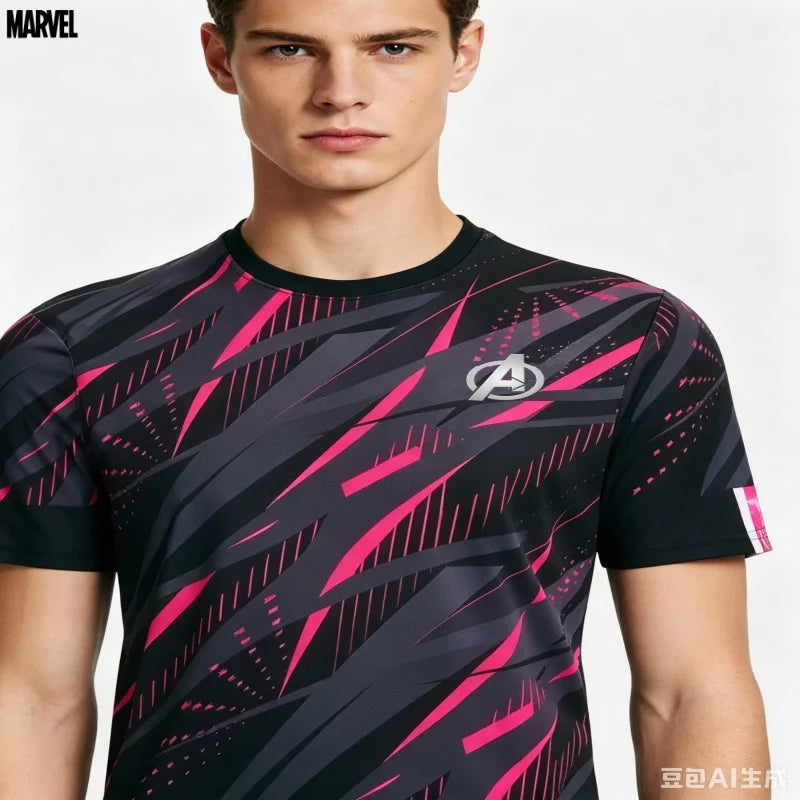 Maglia sportiva Avengers da uomo - Asciugatura rapida, rosa e nera