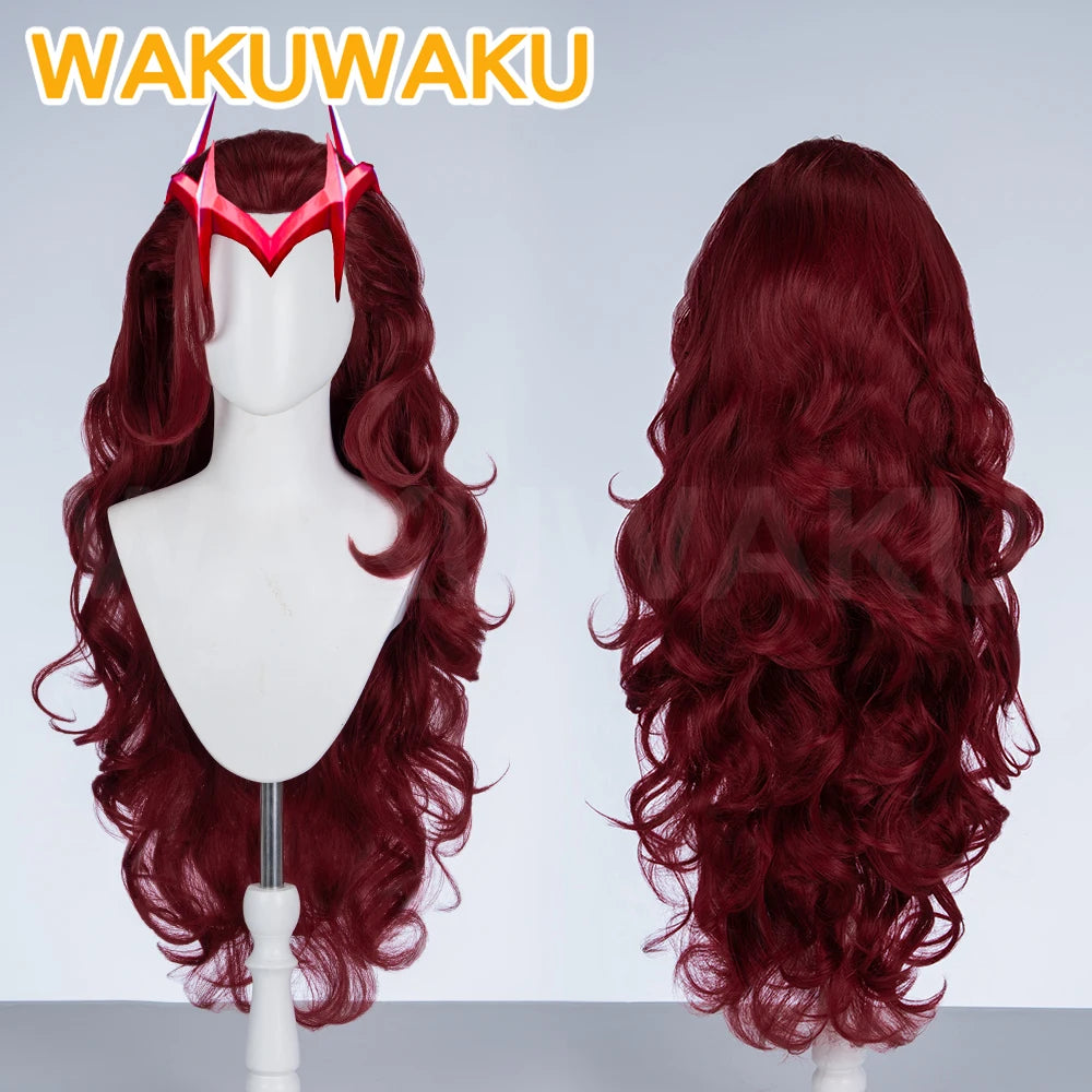 Parrucca Scarlet Witch, capelli ricci rosso bordeaux con diadema
