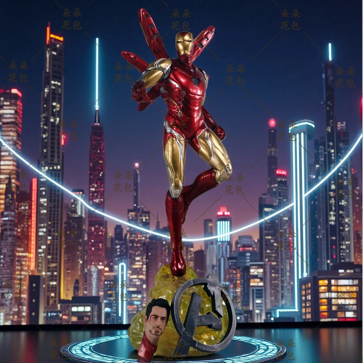 Statua Iron Man a doppia testa LED - Skyline notturno Avengers