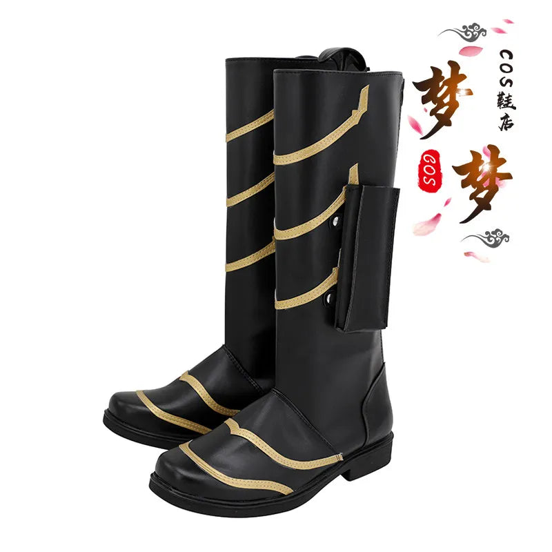 Stivali cosplay fantasy - Pelle nera e dorata con motivo a zigzag (Uomo)