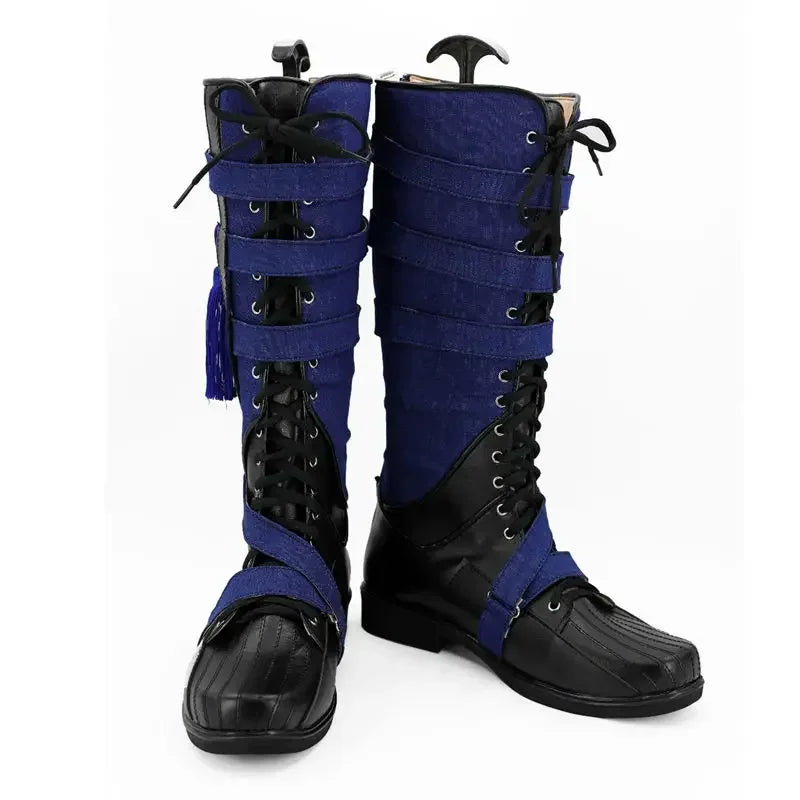 Stivali cosplay fantasy - Pelle blu navy e nera con pompon (Donna)