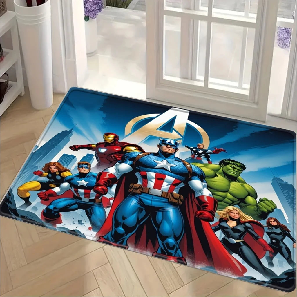 Tappeto Avengers gruppo di eroi - Logo A dorato e città