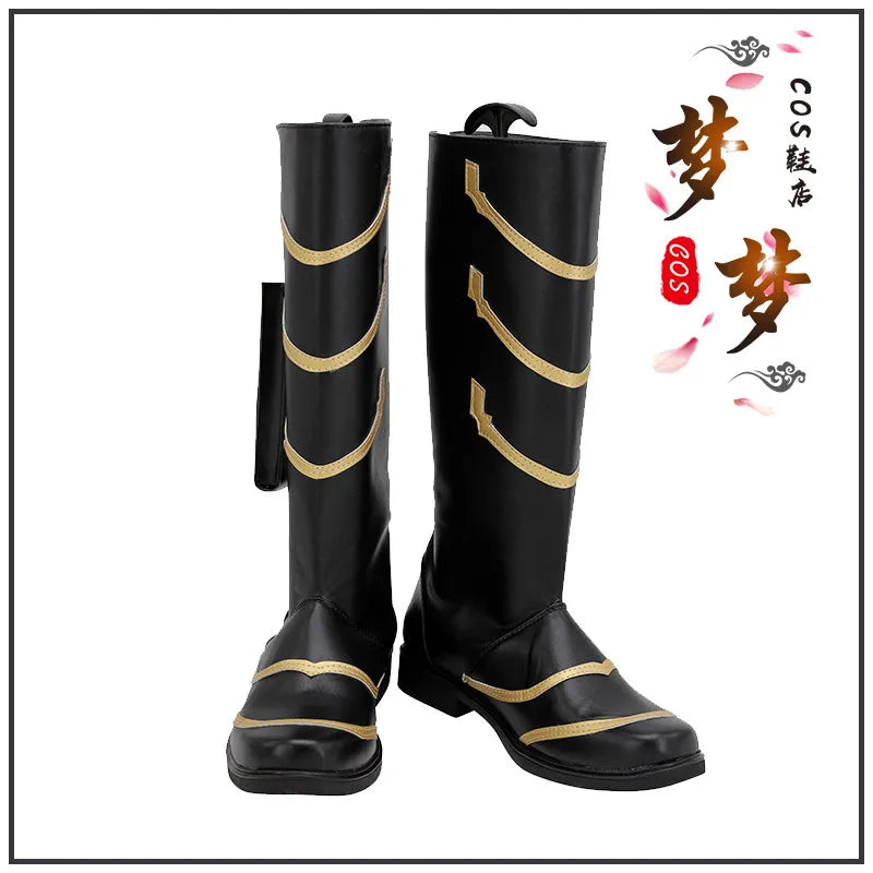 Stivali cosplay fantasy - Pelle nera e dorata con motivo a zigzag (Uomo)
