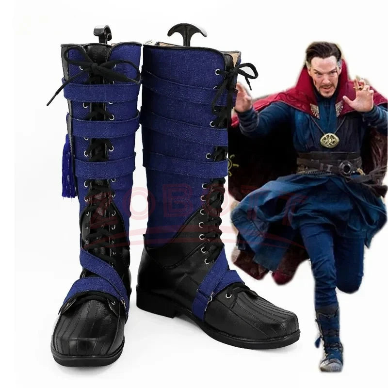 Stivali cosplay fantasy - Pelle blu navy e nera con pompon (Uomo)