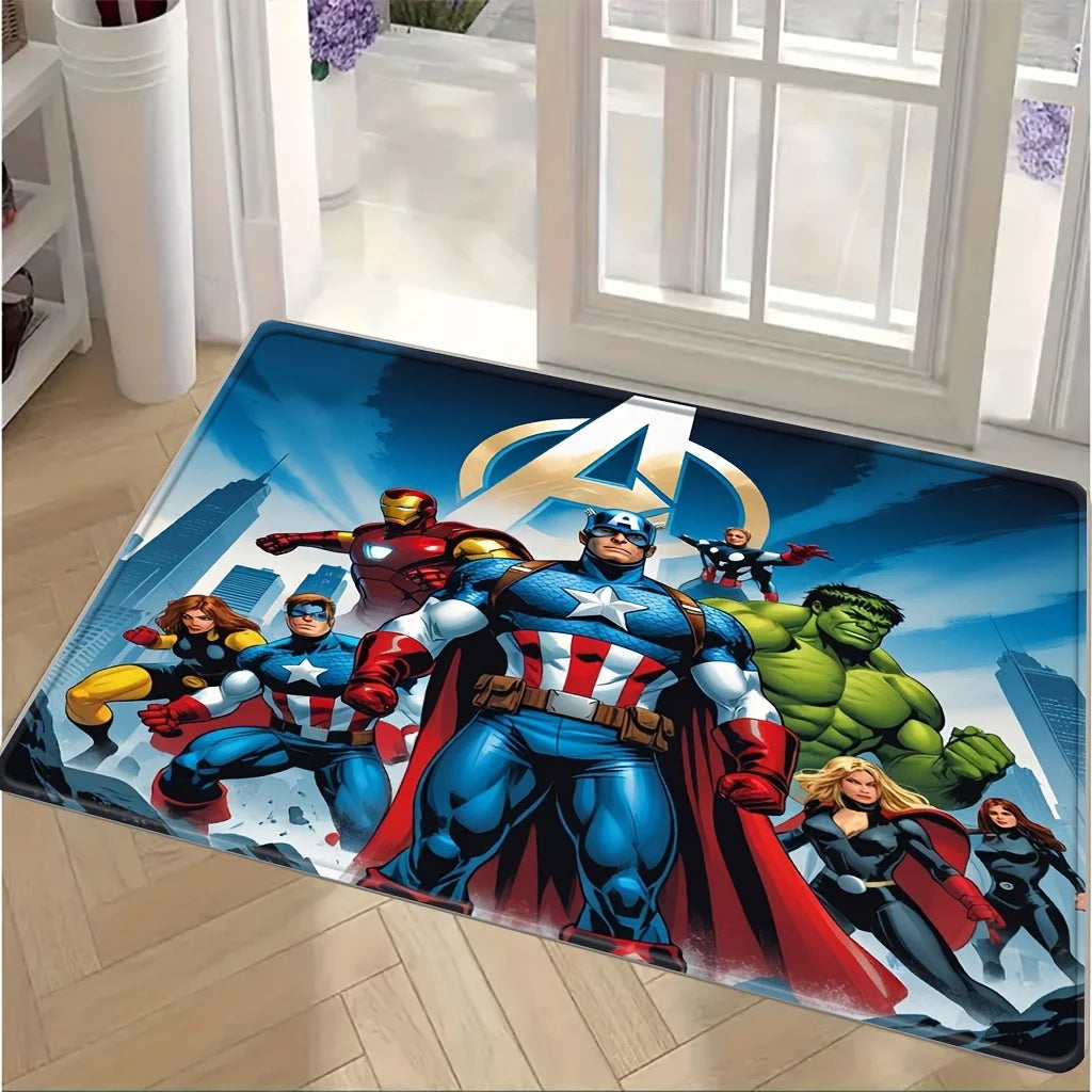 Tappeto Avengers gruppo di eroi - Logo A dorato e città