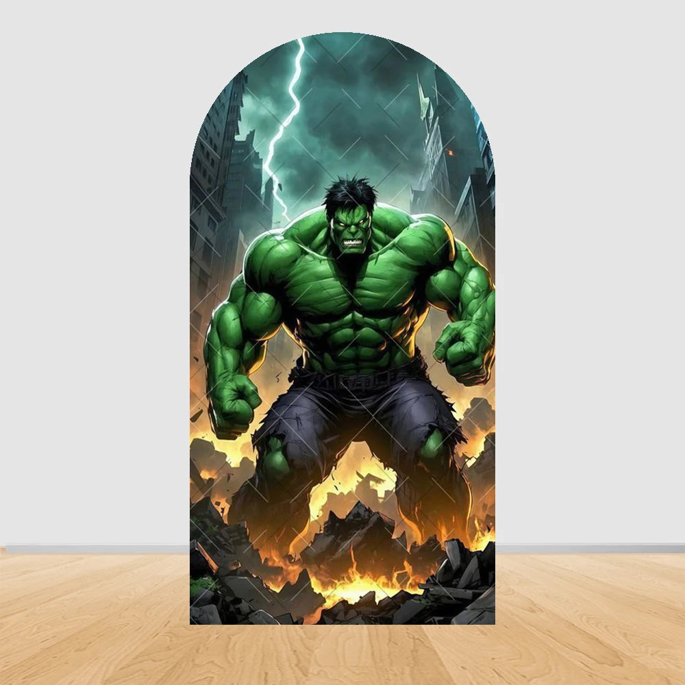 Fondale per arco da festa Avengers Hulk - Macerie in fiamme