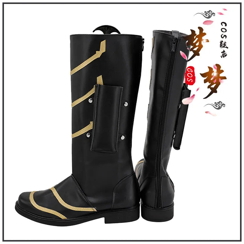 Bottes Cosplay Fantaisie - Cuir Noir et Doré Zigzag (Homme)