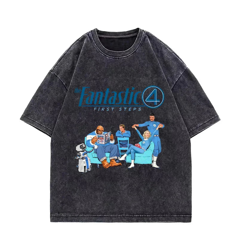 T-Shirt The Fantastic 4 - Délavé Noir Équipe Salon Oversize