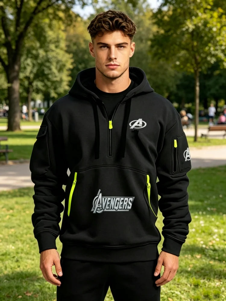 Sweat Capuche Demi-Zip Avengers Homme - Multi-Poches Noir Jaune