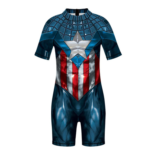 Maillot de Bain Enfant Captain America - Combinaison 3D Étoile Manches Courtes